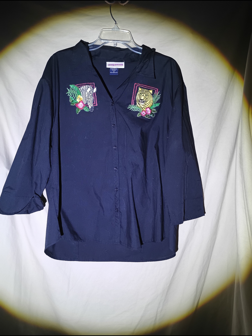 Color Creations Tiger & Zebra Embroidered Button Up Blouse Plus Size 1X